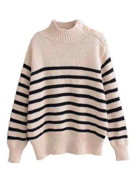 'Kiona' Striped Mock Neck Buttoned Shoulder Sweater | Goodnight Macaroon