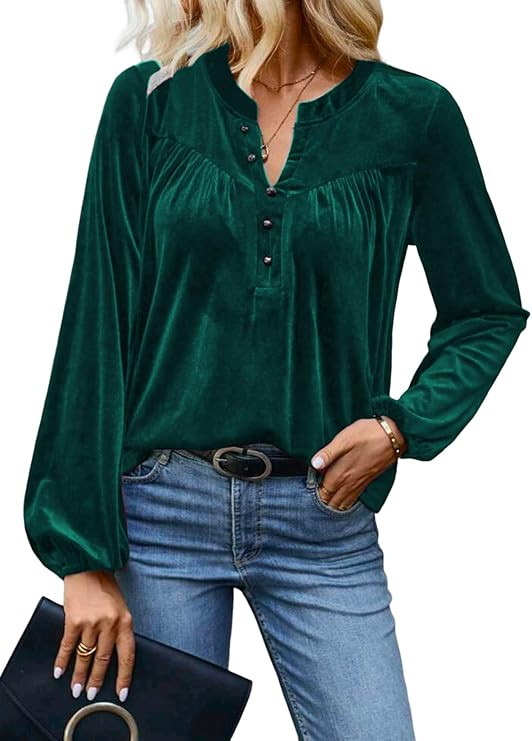 Womens Long Sleeve V Neck Dressy Casual Elegant Velvet Tops Winter Fall Fashion 2025 | Amazon (US)