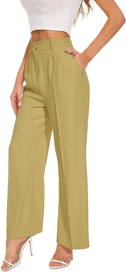 FUNYYZO Wide Leg Pants Women's High Elastic Waisted in The Back Business Work Trousers Long Strai... | Amazon (US)