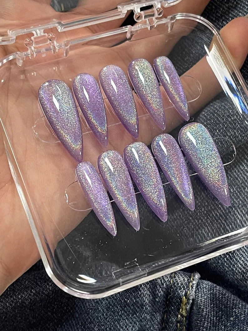 Lavender Purple Elegant Long Pointy Handmade Fake Nails Rainbow Laser Cat Eye Glitter Glossy Pres... | Etsy (US)