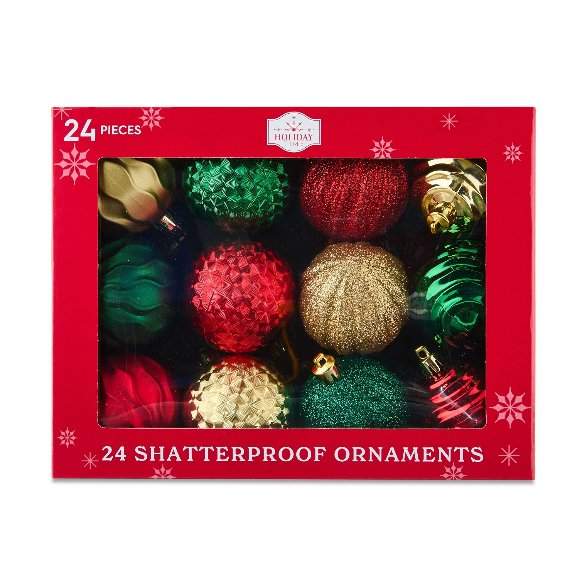 24-Count Red, Green, and Gold Shatterproof Multi-Textured Christmas Ornaments, 2.36 in, by Holida... | Walmart (US)