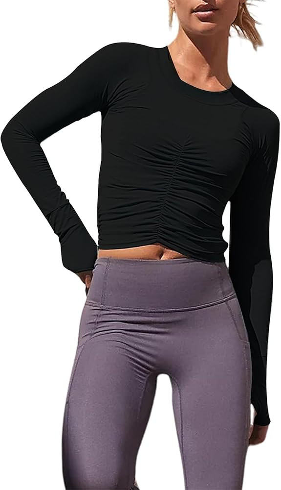 Women's Ruched Long Sleeve Workout Tops Cropped Crew Neck Yoga Atheltic Blouses Y2K Slim Fitted S... | Amazon (US)