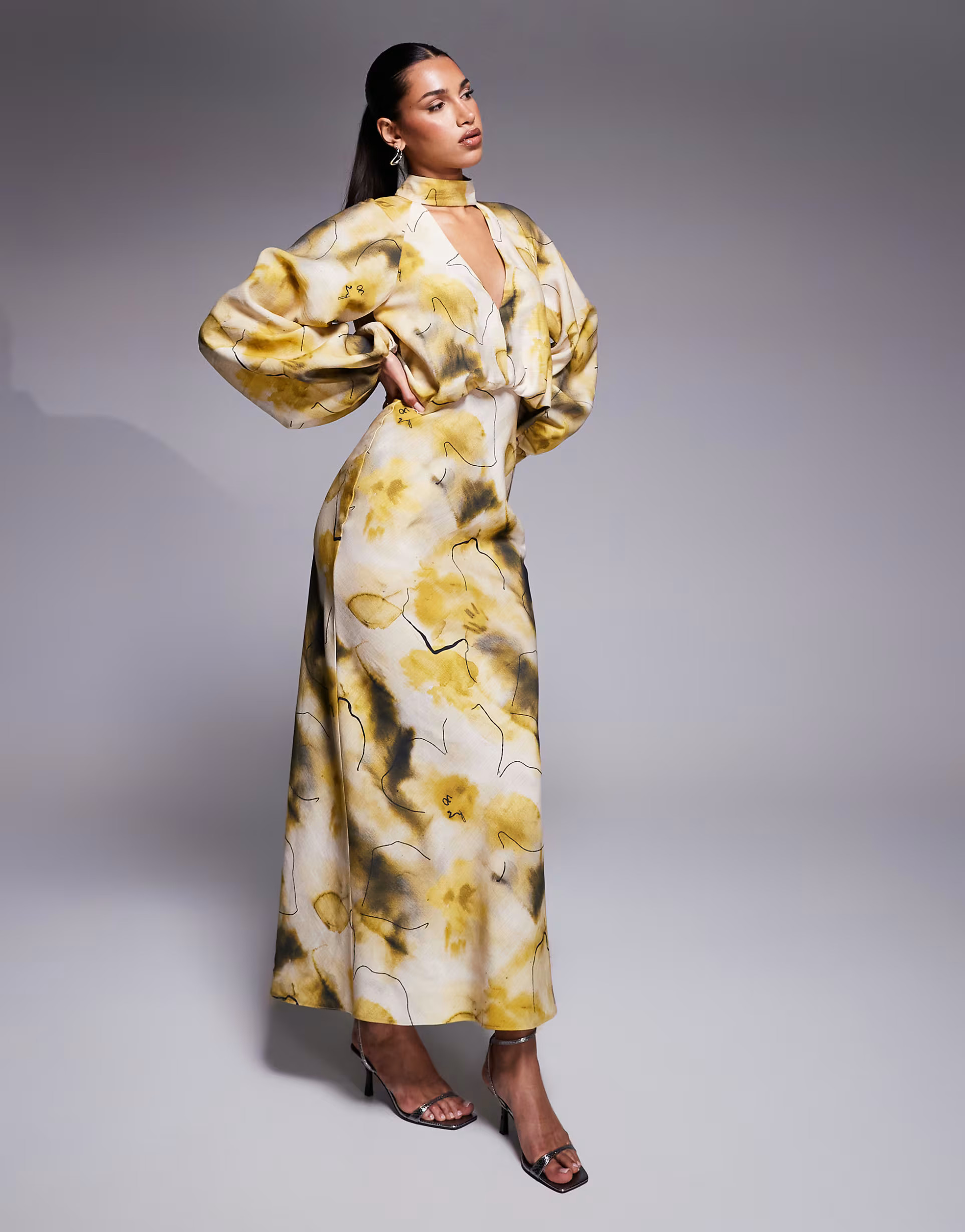 ASOS DESIGN high neck plunge maxi dress with blouson sleeves in green abstract print | ASOS | ASOS (Global)