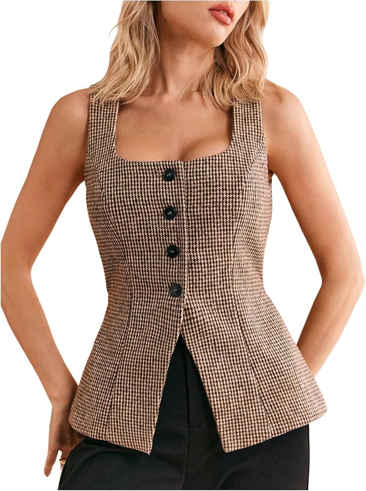 GORGLITTER Women's Tweed Blazer Vest Tops Sleeveless Square Neck Business Casual Cardigan Vests W... | Amazon (US)
