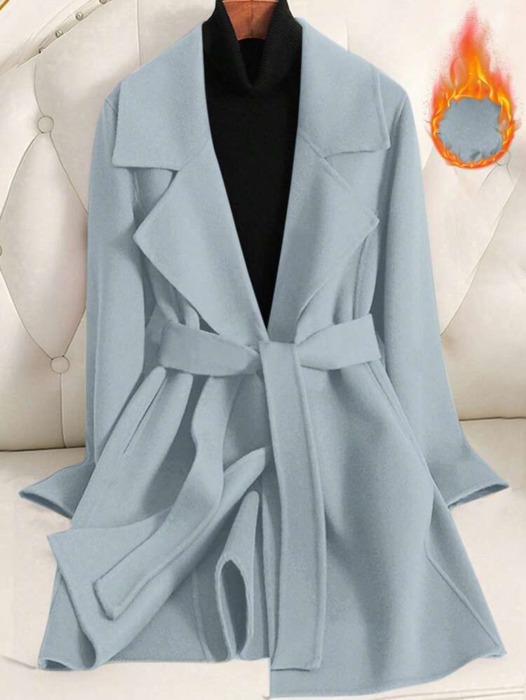 SHEIN Clasi Damen Einfarbiger Taillengürtel Eleganter Mantel Mit Langen Ärmeln, Herbst/Winter Schwarzer Mantel Für Frauen | SHEIN