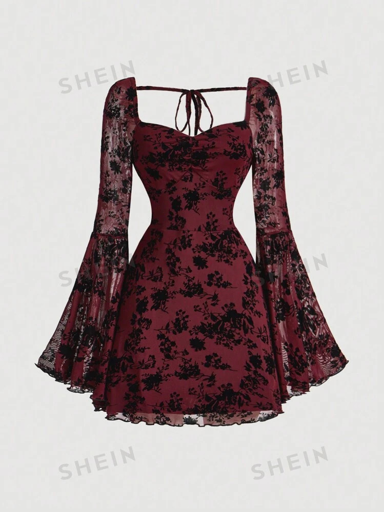 SHEIN MOD Abito elegante con bustino arricciato, maniche a vita larga e jacquard floccato | SHEIN... | SHEIN