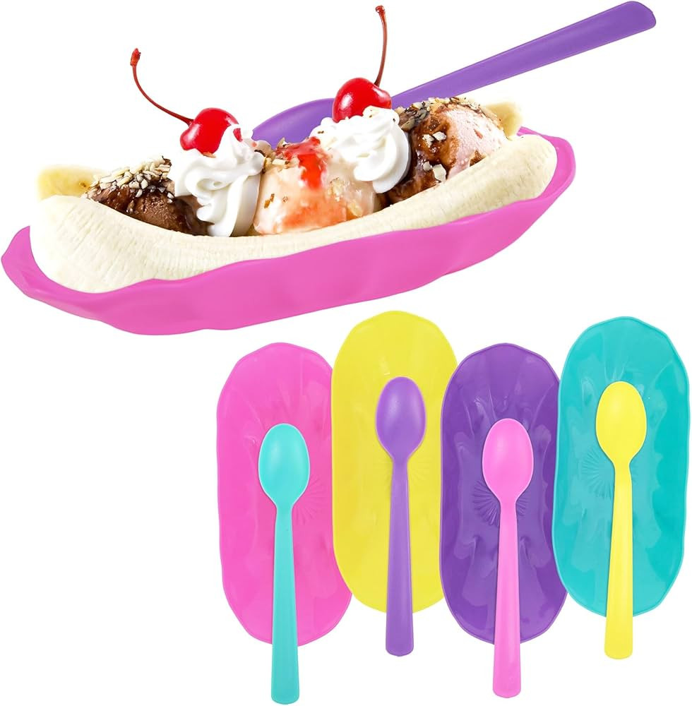 Set of 4 Reusable Banana Split Boats with Color Matching Spoons Use as Desert Dish, Ice Cream Sun... | Amazon (US)