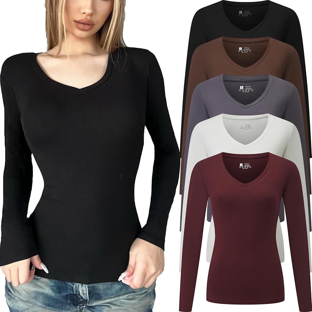 FMNNNN 5pcs Women's Ribbed Long Sleeve Slim Fit T Shirt V Neck Bodycon Crop Tunics Going Out Tops | Amazon (US)