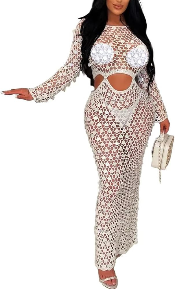 Kafiloe Women Sexy Long Sleeve Sequin Crochet Maxi Dress Beach Cover Ups Hollow Out Swimwear Biki... | Amazon (US)