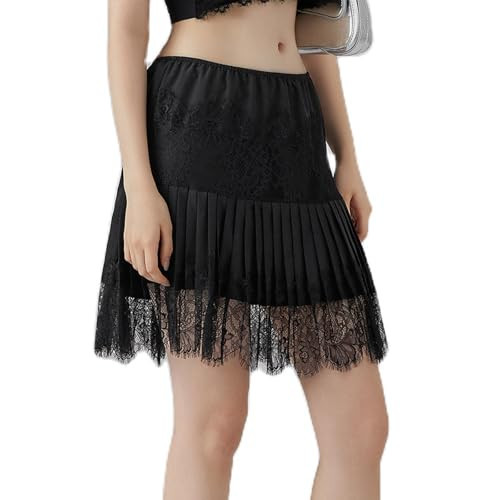 Cjfdfy Women's Low Rise Mini Lace Slip Skirt Y2k Flowy Patchwork Pleated Ruffle Underskirt for Layering Outfit Clothes (Black, S) | Amazon (US)