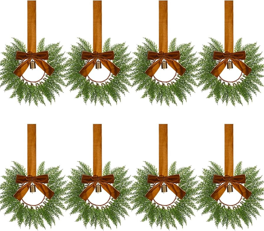 8 Pcs 9.8" Small Christmas Cabinets Wreaths Mini Wreaths for Kitchen Window Chair Backs with Ribb... | Amazon (US)