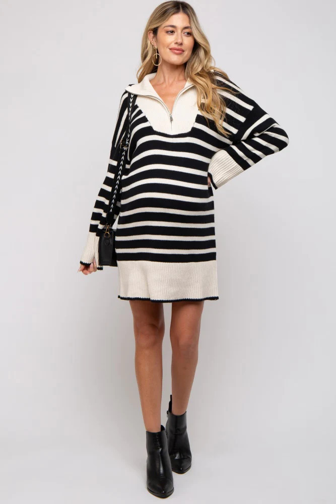 Black Striped Zipper Front Collared Maternity Sweater Dress | PinkBlush Maternity