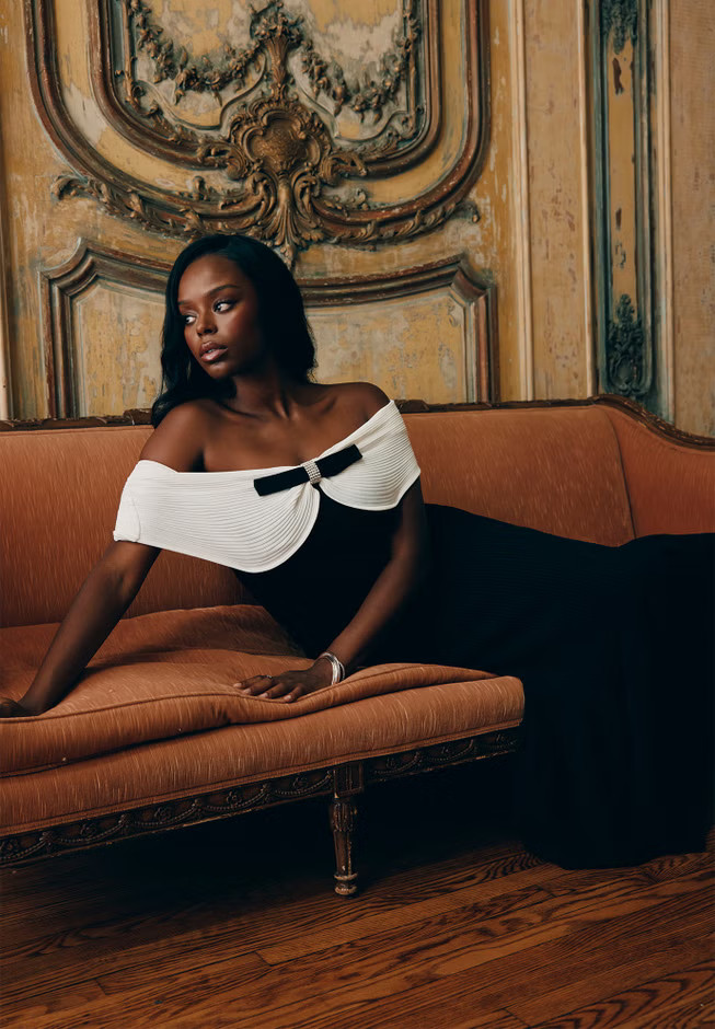 Contrast Bow Fluted Midi Dress | Eloquii