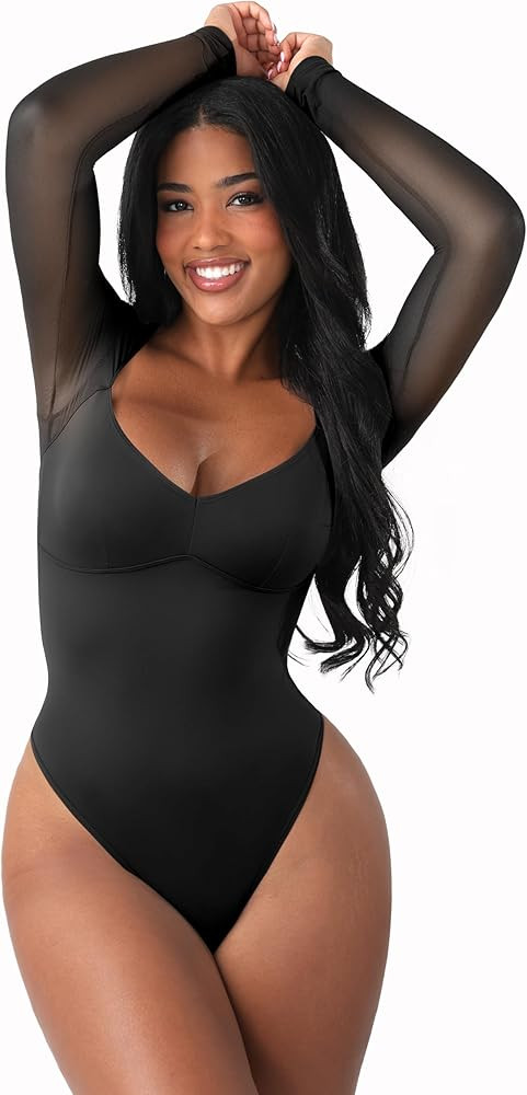 FeelinGirl Long Sleeve Bodysuit for Women Sexy Mesh V Neck Body Suits Thong Corset Top Going Out ... | Amazon (US)
