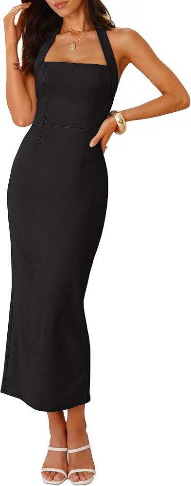 ZESICA Women's 2026 Summer Sleeveless Midi Dress Halter Neck Backless Wedding Guest Cocktail Part... | Amazon (US)