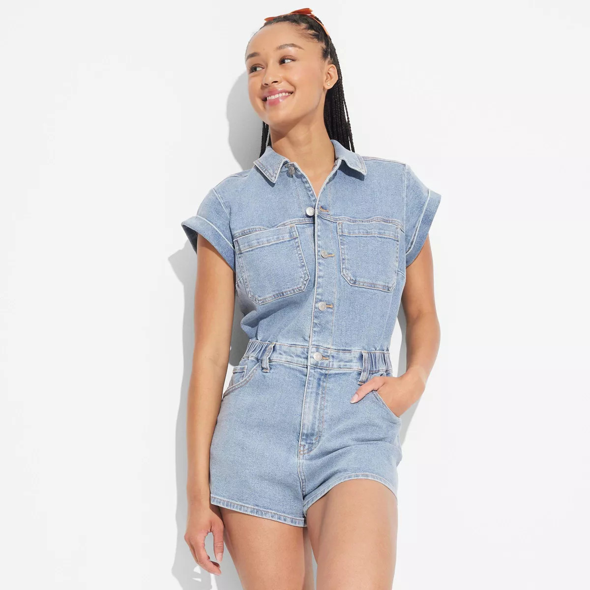 Women's Game Day Short Sleeve Denim Romper - Wild Fable™ | Target