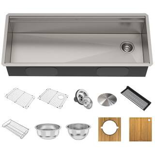KRAUS Kore Workstation Undermount Stainless Steel 45 in. Single Bowl Kitchen Sink w/2-Tier Integrate | The Home Depot