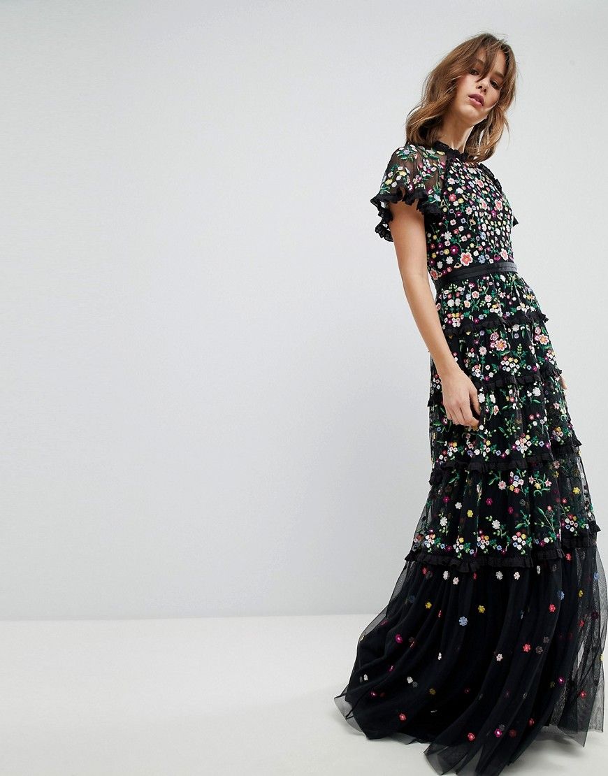 Needle & Thread Embroidered Floral Gown with High Neck and Tiered Skirt - Black | ASOS US