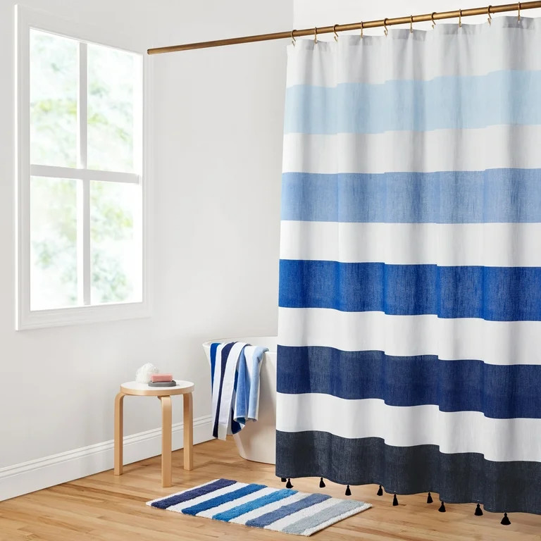 Gap Home Kids Ombre Stripe Organic Cotton Shower Curtain with Tassels, Blue, 72"x72" | Walmart (US)
