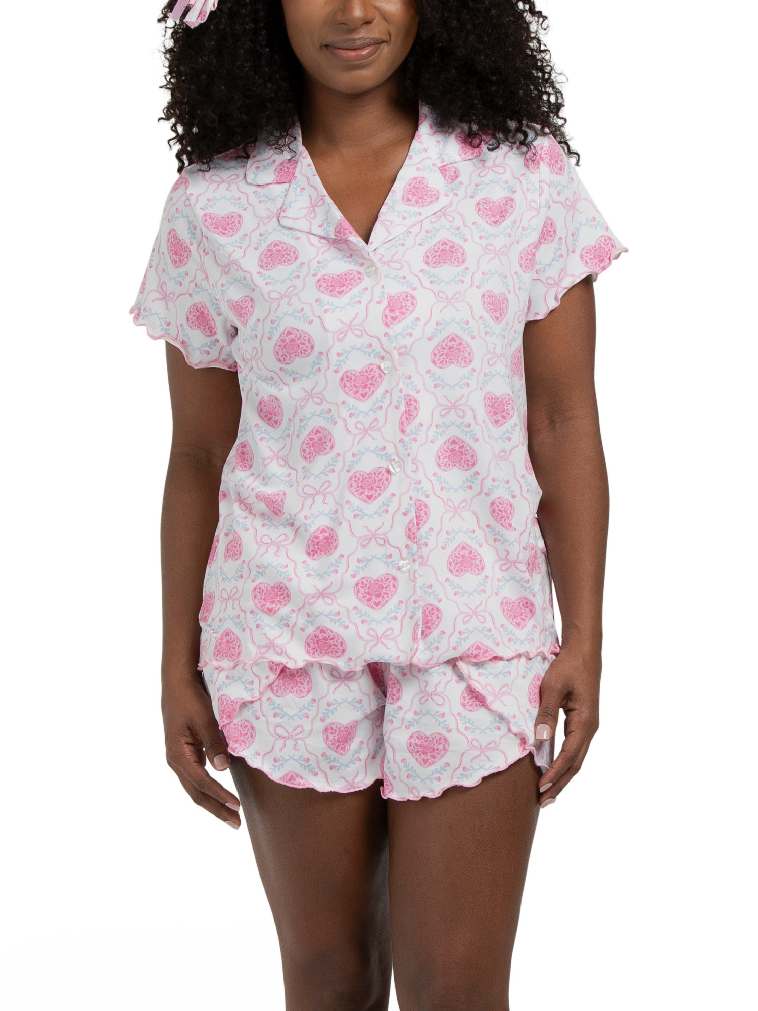 Ladies 2pc Heart Print Ruffled Top And Shorts Pajama Set | TJ Maxx