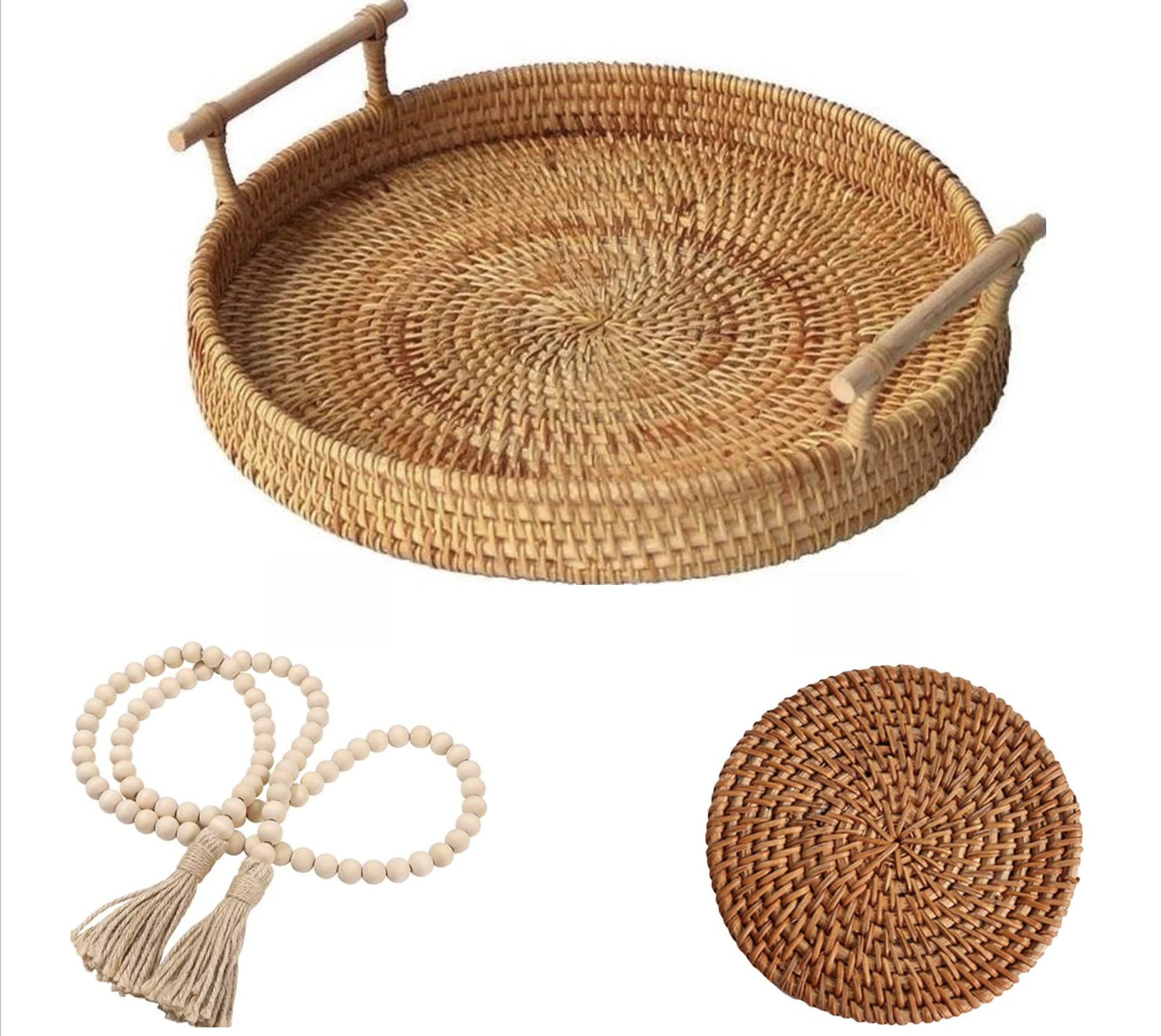 Coffee Table Decorative Tray | Hand Woven, Wicker Serving Tray with Handles | Rattan Tray Basket | D | Amazon (US)