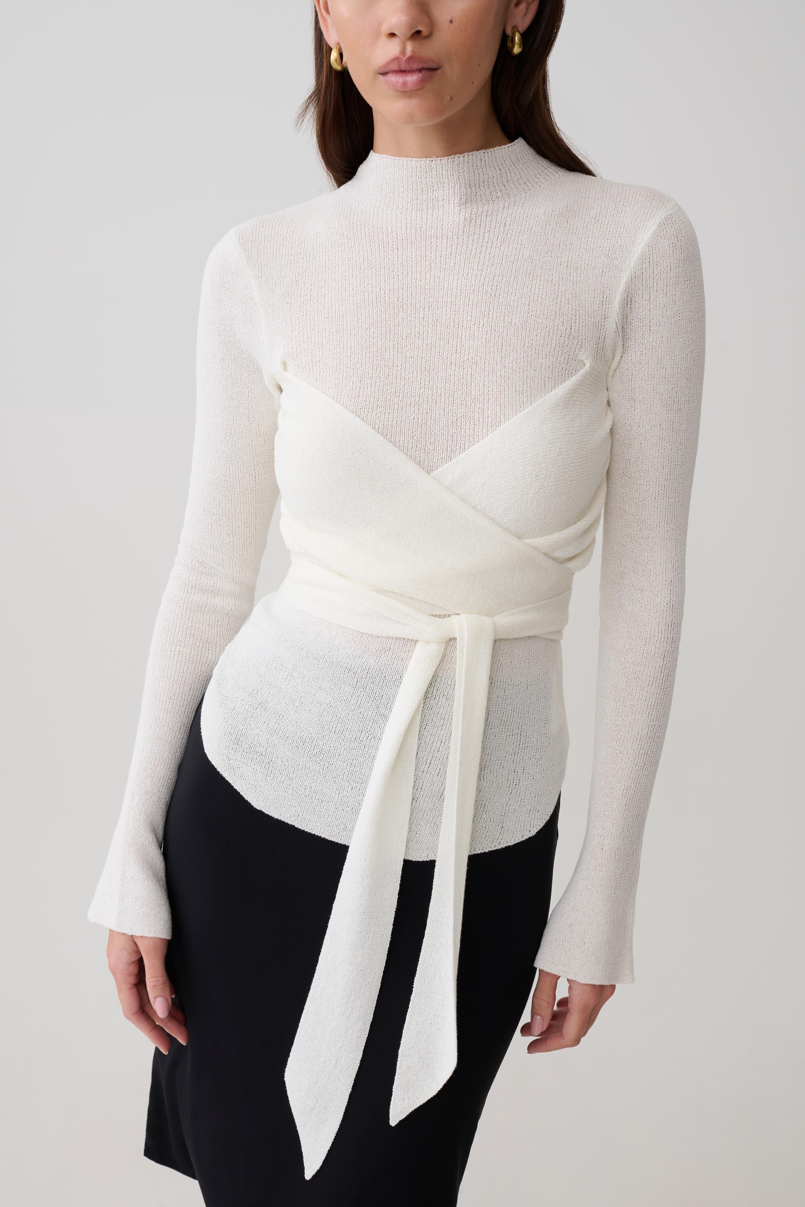 Lawson Wrap Knit Long Sleeve Top - White | MESHKI US