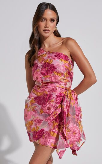 Brailey Mini Dress - One Shoulder Wrap Front Dress in Pink Jacquard | Showpo (US, UK & Europe)