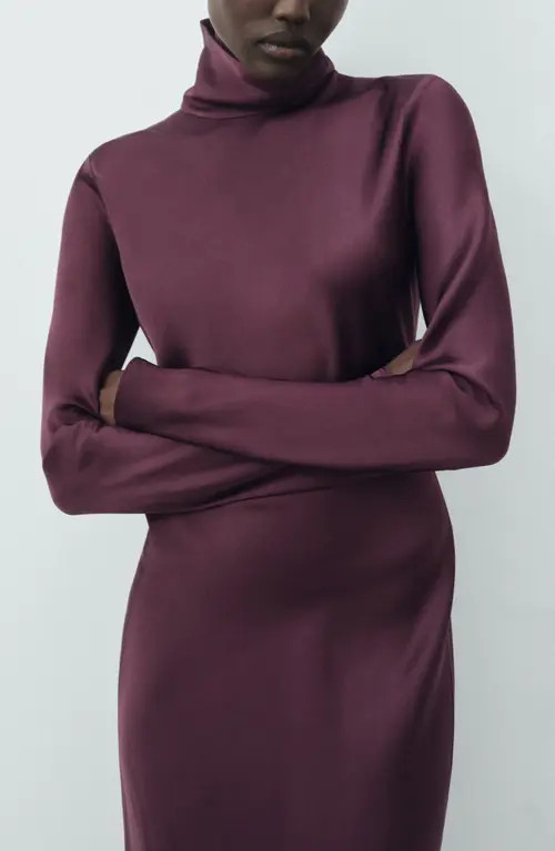 MANGO Selection Turtleneck Long Sleeve Satin Maxi Dress in Burgundy at Nordstrom, Size 6 | Nordstrom