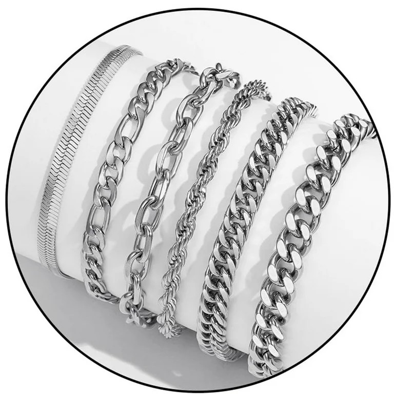 APSVO 6 Pcs Silver Bracelets for Men Boys Women Stainless Steel Cuban Rope Paperclip Figaro Chain... | Walmart (US)