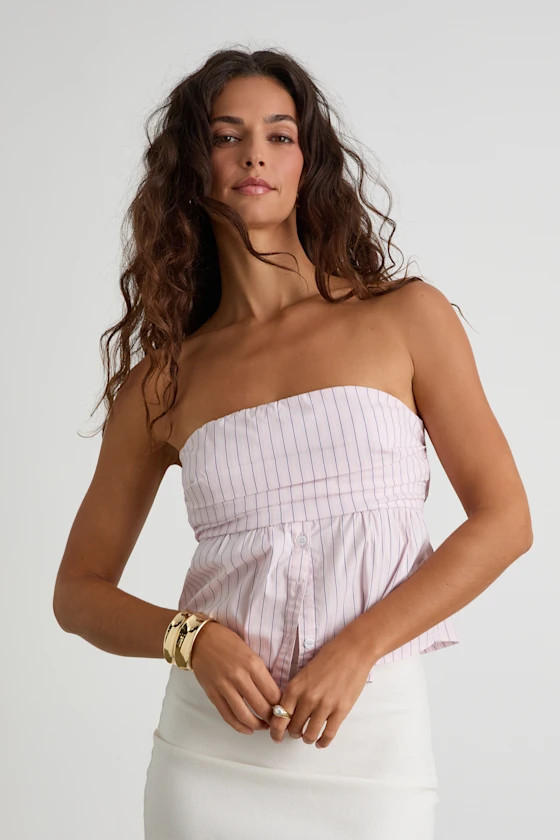 Natalie Pink Pinstripe Strapless Peplum Top | Lulus