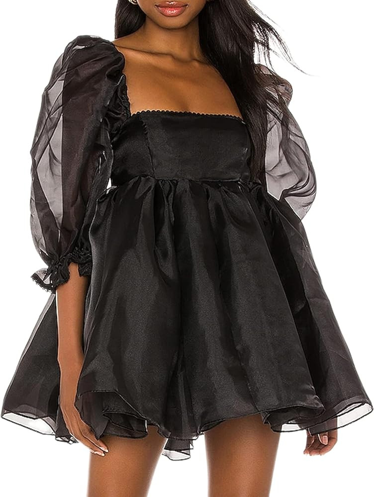 Piacakece Women Cute Puffy Dress Printed Bell Sleeve Square Neck Mesh Ruffle Bubble Dress | Amazon (US)