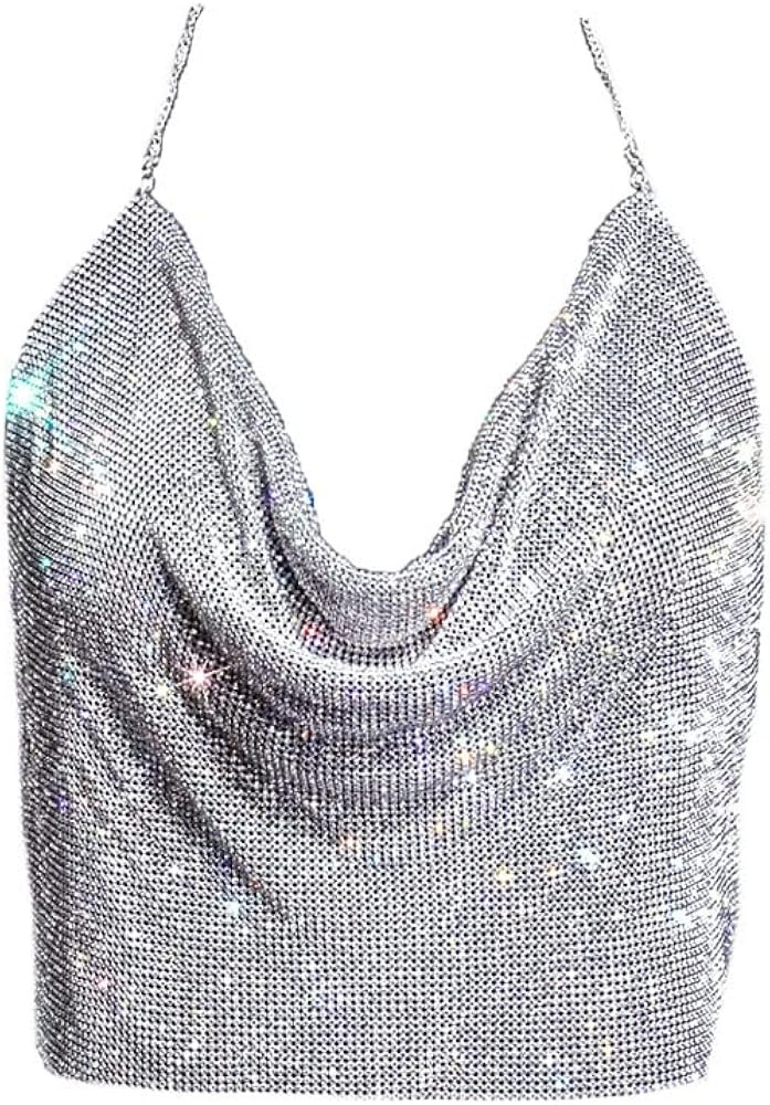 Fstrend Rhinestones Body Chains Chest Sparkly Crystal Bikini Bra Silver Halter Backless Sexy Part... | Amazon (US)