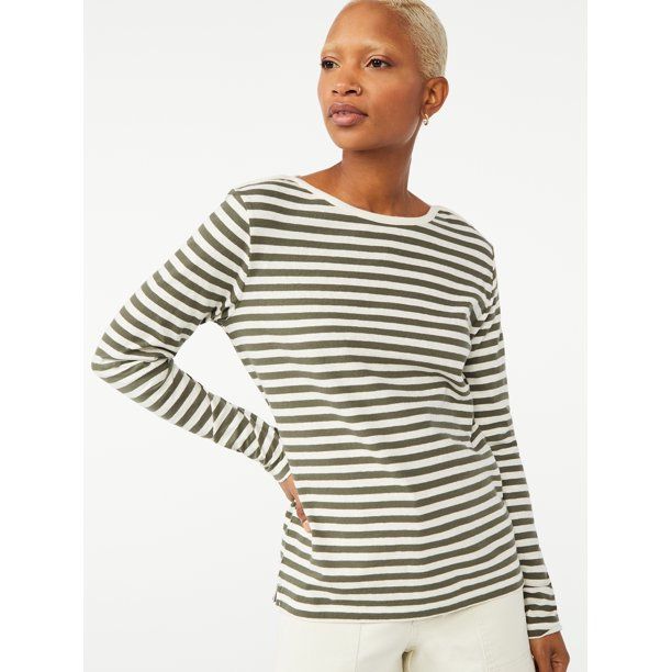 Free Assembly Women's Breton Stripe T-Shirt with Drop Shoulder Long Sleeves - Walmart.com | Walmart (US)