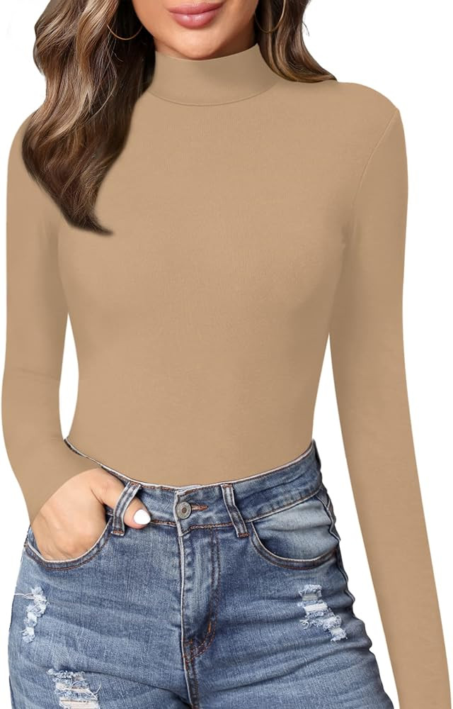 MANGOPOP Women's Mock Turtle Neck Slim Fit Long Sleeve/Half Elbow Sleeve/Cap Short Sleeve T Shirt... | Amazon (US)