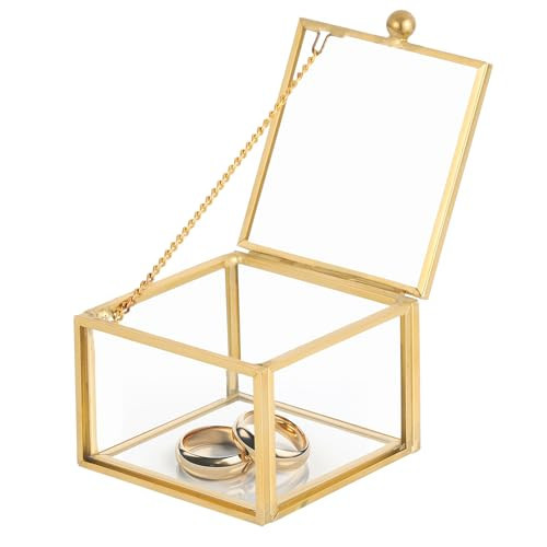 AMGSH Small Golden Vintage Glass Jewelry Organizer Box | Rectangular Jewelry Lidded Box Decorative Glass Box for Display,Clear Small Keepsake Box Rings Bracelet Earring Organizer | Amazon (US)
