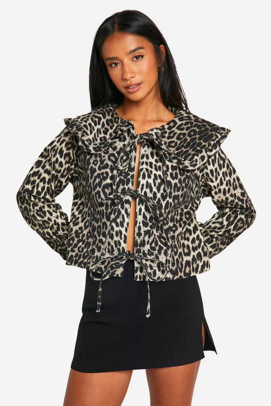 Leopard Print Collar Detail Tie Front Denim Jacket | boohoo (US & Canada)
