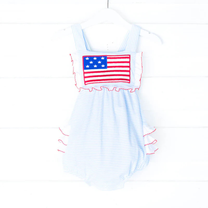 Flag Applique Light Blue Stripe Ruffle Bubble | Classic Whimsy