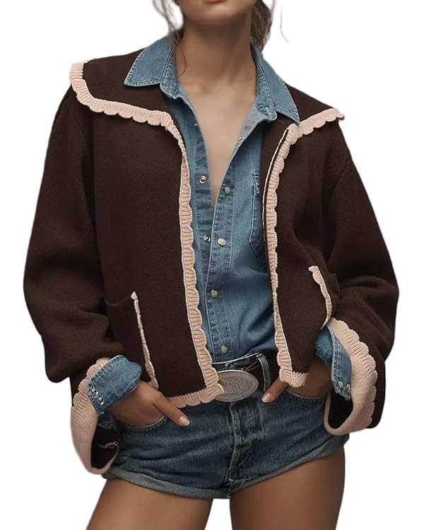 VAOYIU Contrast Trim Scalloped Knit Jacket Womens Cropped Collared Coat with Retro Charm Versatil... | Amazon (US)
