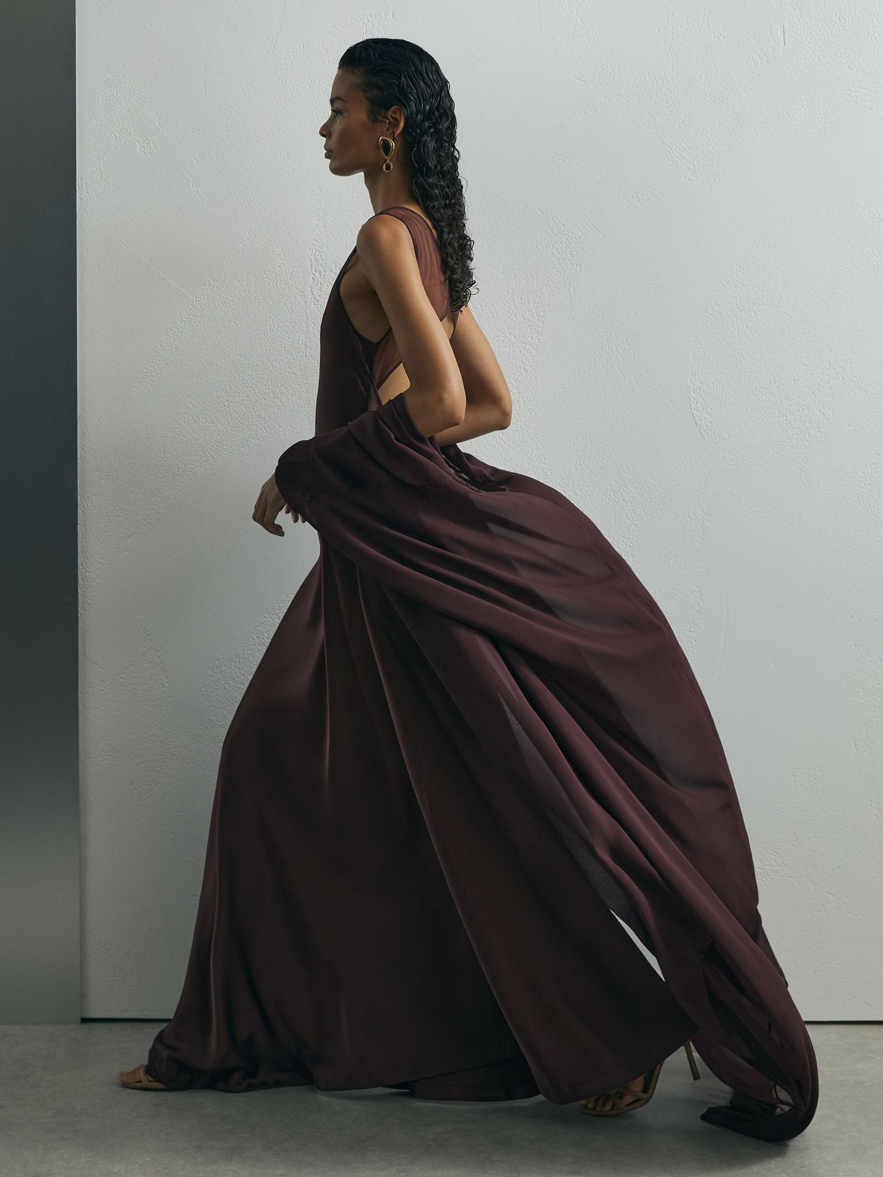 Reiss Atelier Satin Cape Maxi Dress in Grape - REISS | Reiss UK