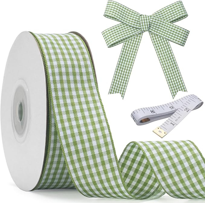 Moss Green and White Gingham Ribbon, Taffeta Plaid Ribbon 1 Inch x 25 Yards, Green Checkered Ribb... | Amazon (US)
