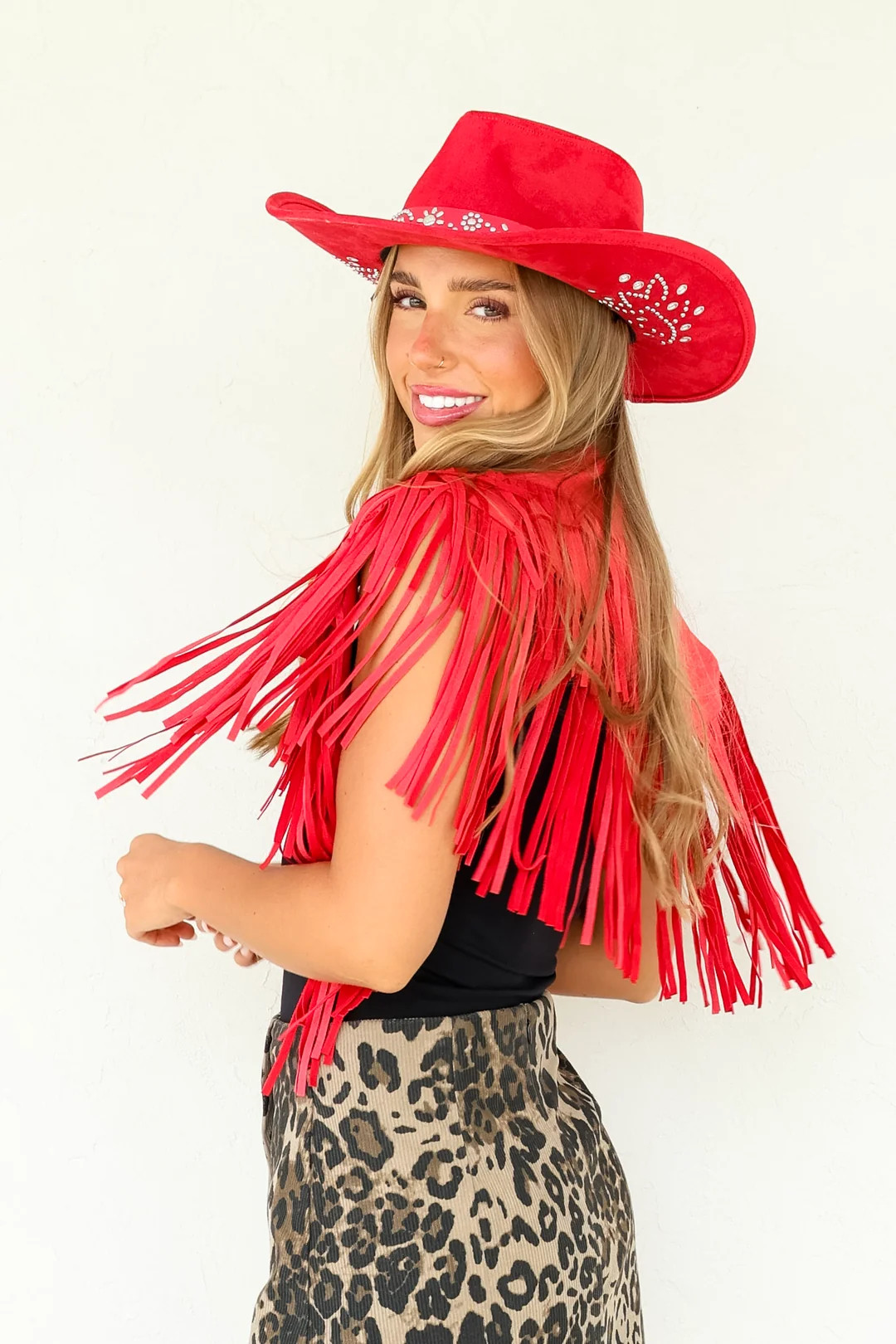 Rounding Up Red Fringe Suede Shrug | The Willow Tree