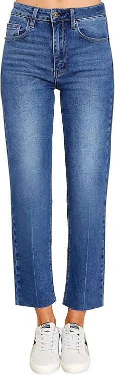 KDF Women's Cropped Straight Leg Jeans - High Waisted Jeans for Women 7/8 Length Denim Pants with... | Amazon (US)