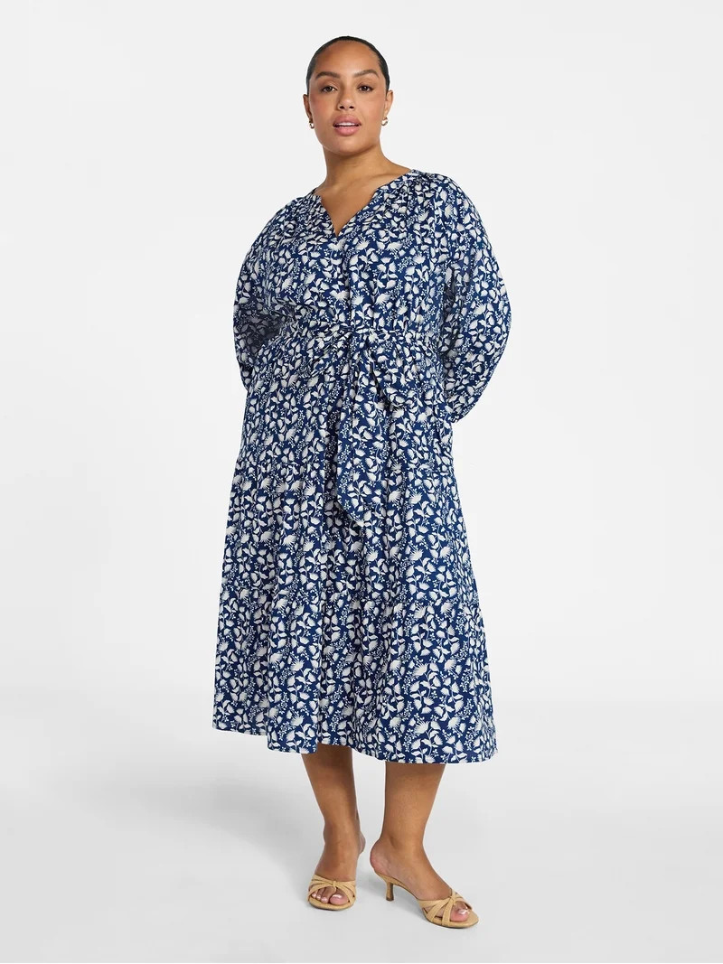 Terra & Sky Women's Plus Size Midi Peasant Dress, Sizes 0X-4X | Walmart (US)