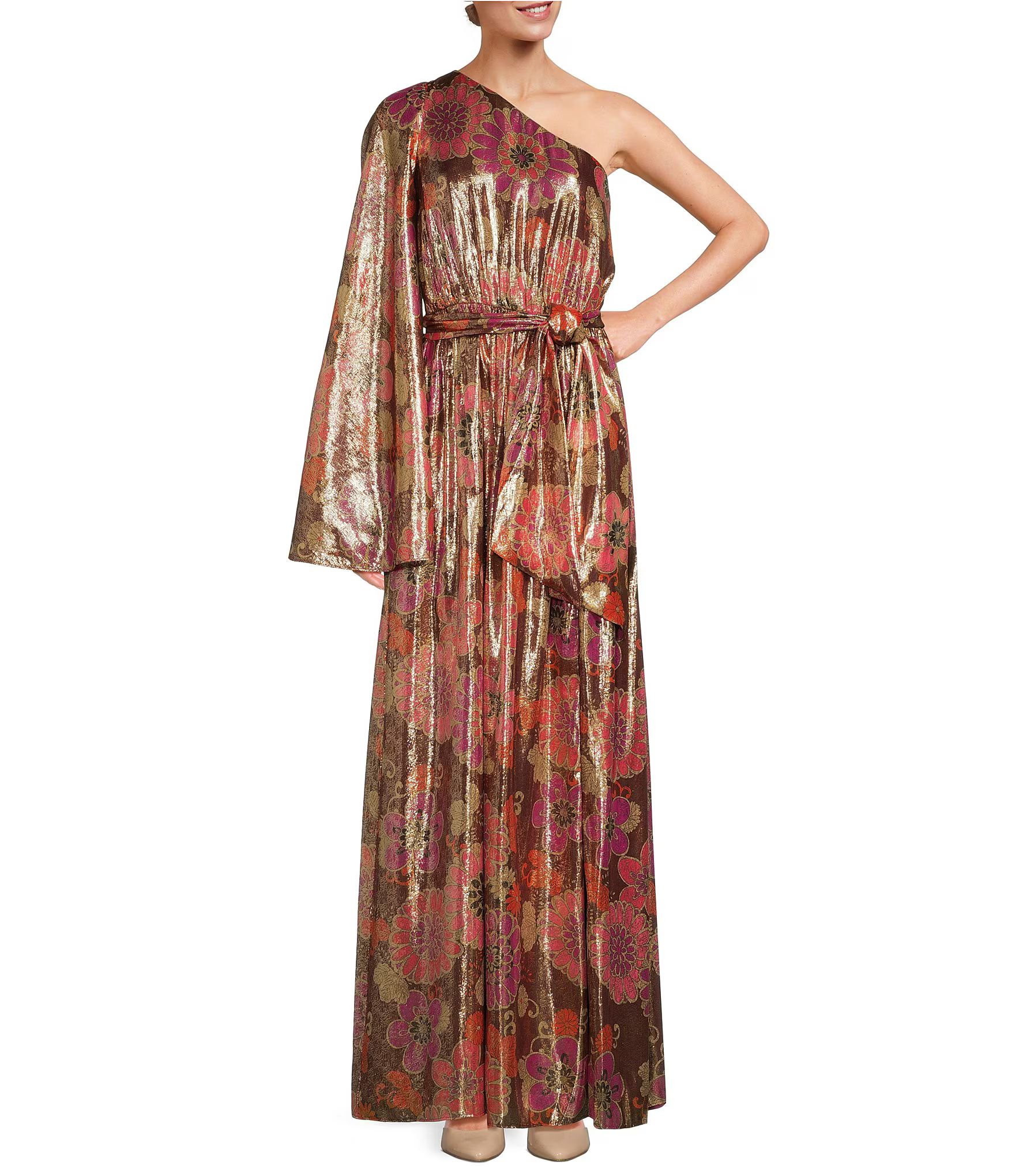 Amida Silky Satin Metallic Floral Asymmetrical Neck Long Draped Sleeve Belted A-Line Maxi Dress | Dillard's