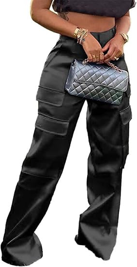 Lucuna Women's Satin Cargo Pants Y2K High Waisted Multi-Pocket Straight Leg Baggy Casual Trousers | Amazon (US)