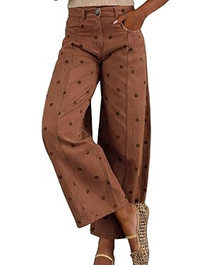 chouyatou Women's 2026 Polka Dot Pattern Barrel Jeans Boyfriend Y2K Casual Wide Leg Mid Rise Deni... | Amazon (US)