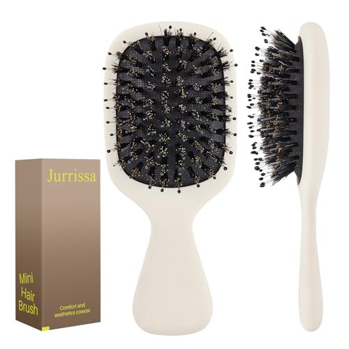 Jurrissa Mini Boar Bristles Hair Bursh, Travel Size Hair Brush for Women Men Kids, Protable Small Hair Brush for Pockets Purses, Mini Detangler Brush for Smooth Add Shine(White) | Amazon (US)