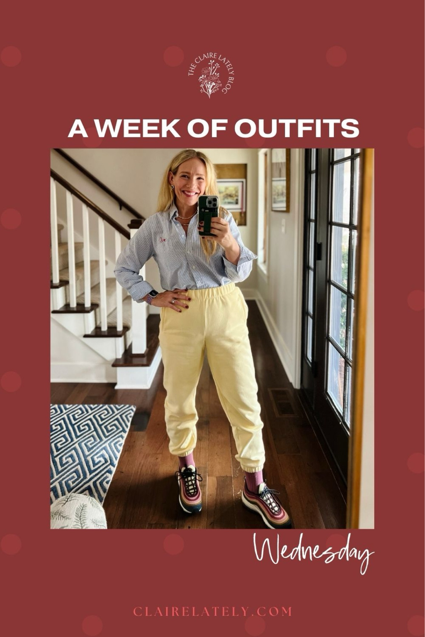 A week of real life outfit inspiration - Nike air max sneakers, madewell trouser socks, gap sweatpants, ticking stripe button down top, earrings 
❤️ Claire Lately 

#LTKstyletip #LTKMostLoved #LTKmidsize