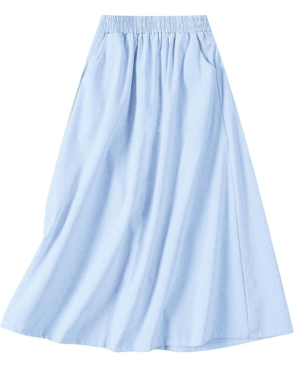 SANGTREE Women's Cotton Linen Midi Skirt with Pockets Casual Flowy Swing Elastic High Waist A-Lin... | Amazon (US)