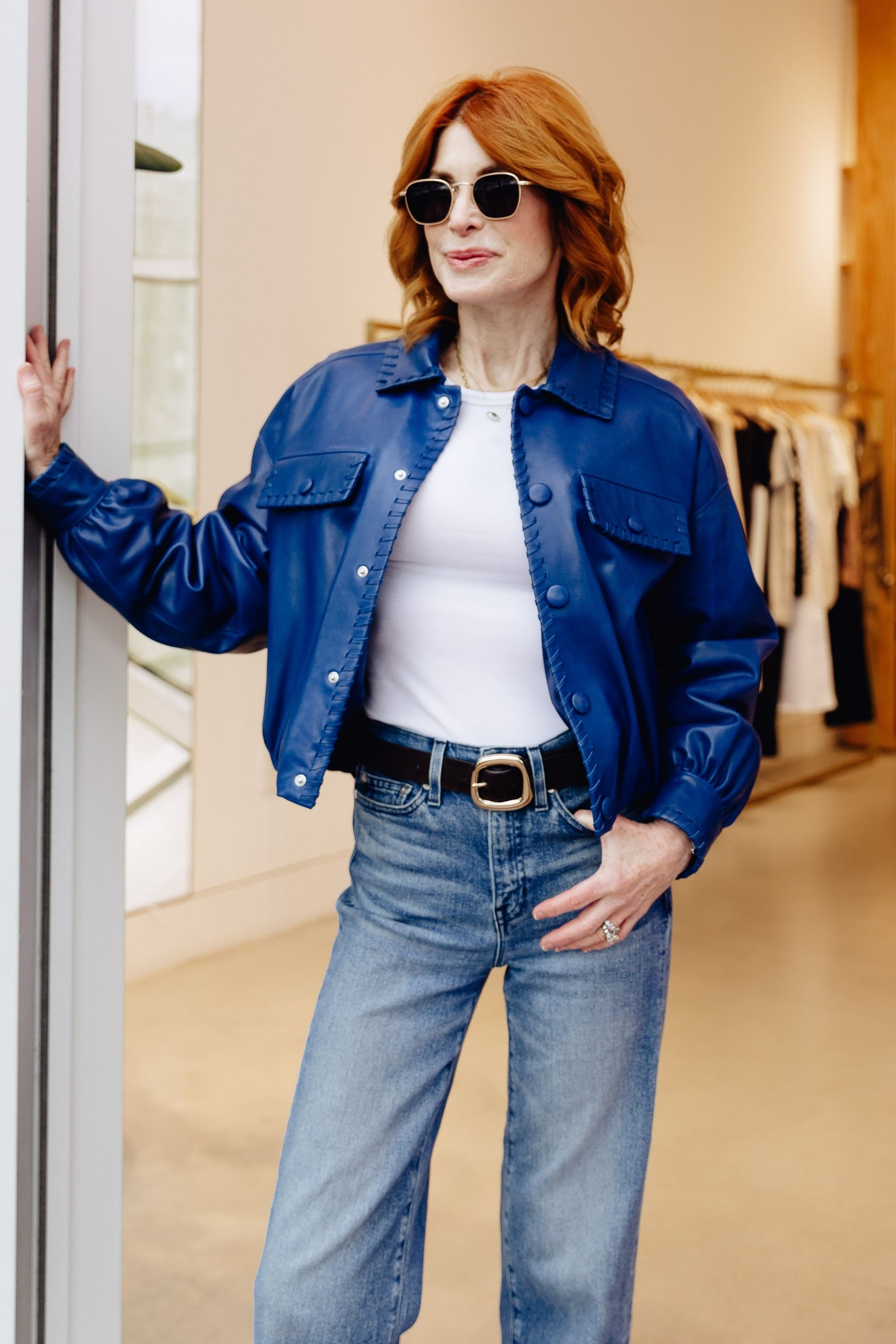 Never underestimate a great belt. This sculptural buckle adds just the right amount of polish and pulls the whole outfit together, especially with classic jeans, a clean white tee and this stunning blue bomber jacket! 

  

#LTKootd #LTKootd #LTKSeasonal #LTKOver40
